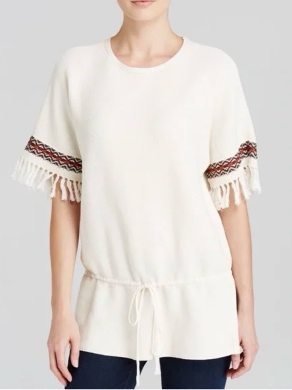 NWT Tory Burch 100% Cotton Cream Fringe Sleeve Knit Tunic with Embroidery Small